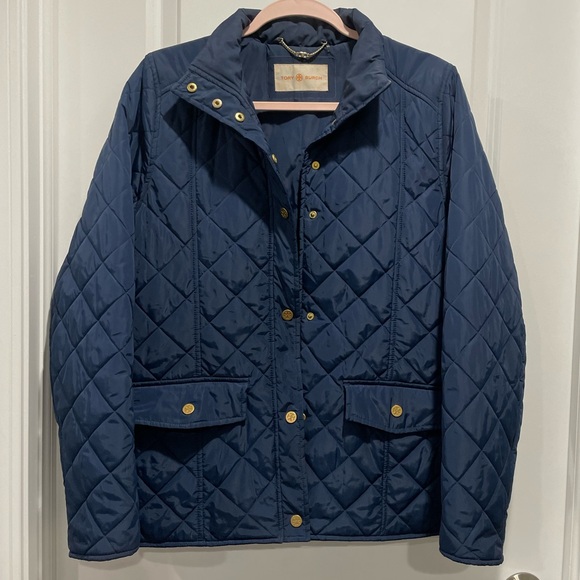 Tory Burch Quilted Jacket in Navy Blue with Gold Accents Size Medium - Picture 2 of 6